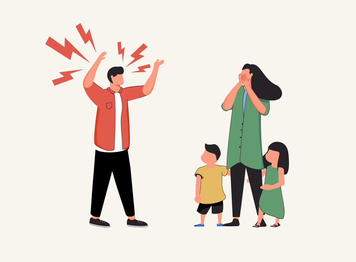 Illustration of angry man yelling at woman and two children