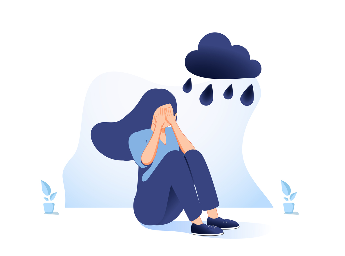Illustration of rain cloud over sad person