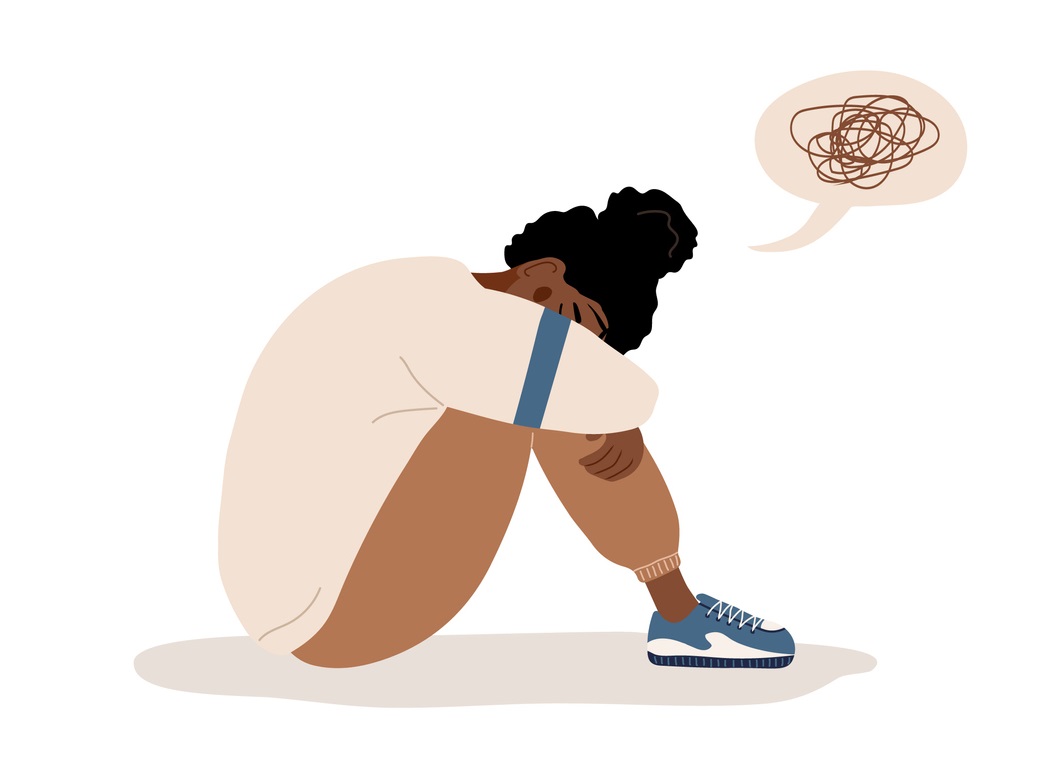 Illustration of woman with head on knees and negative thoughts