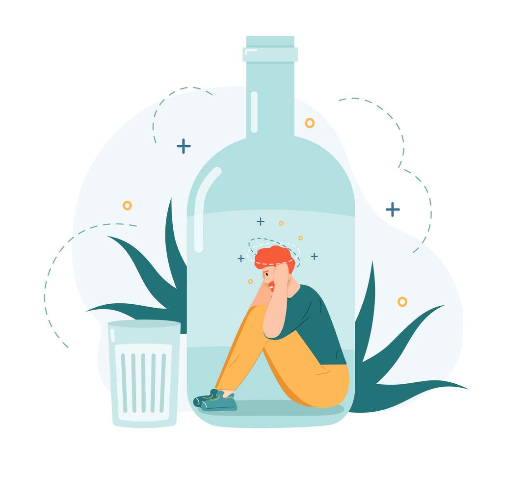 Illustration of dazed man inside alcohol bottle