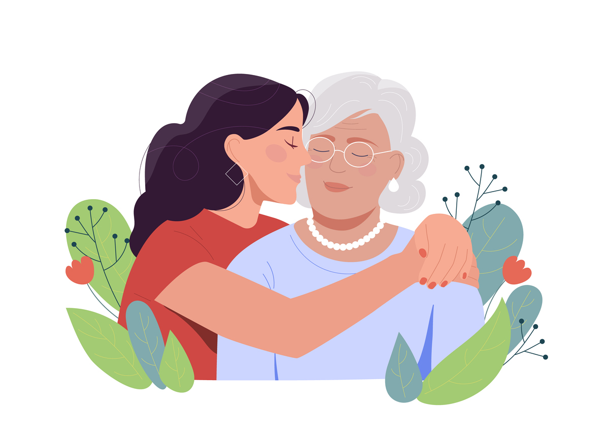 Illustration of woman hugging her mother