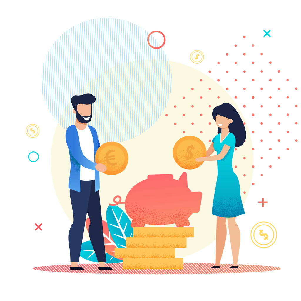 Illustration of man and woman putting coins in a piggy bank