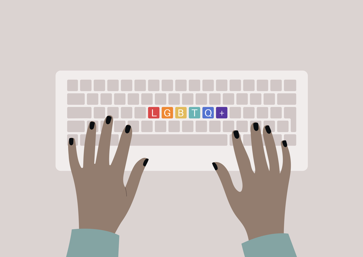 illustration of hands on a keyboard with middle letters LGBTQ+