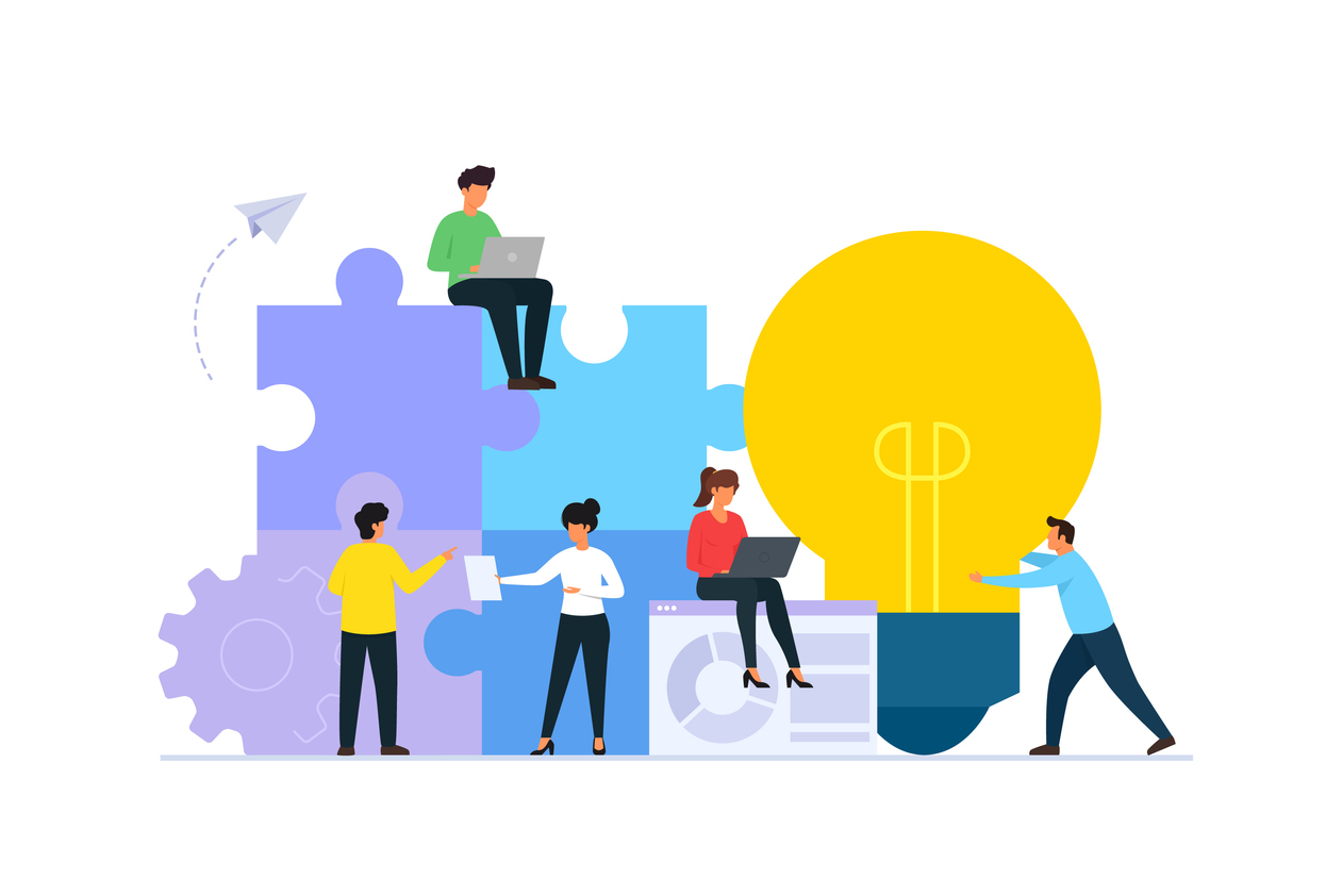 Illustration of a work team, puzzle pieces and lightbulb
