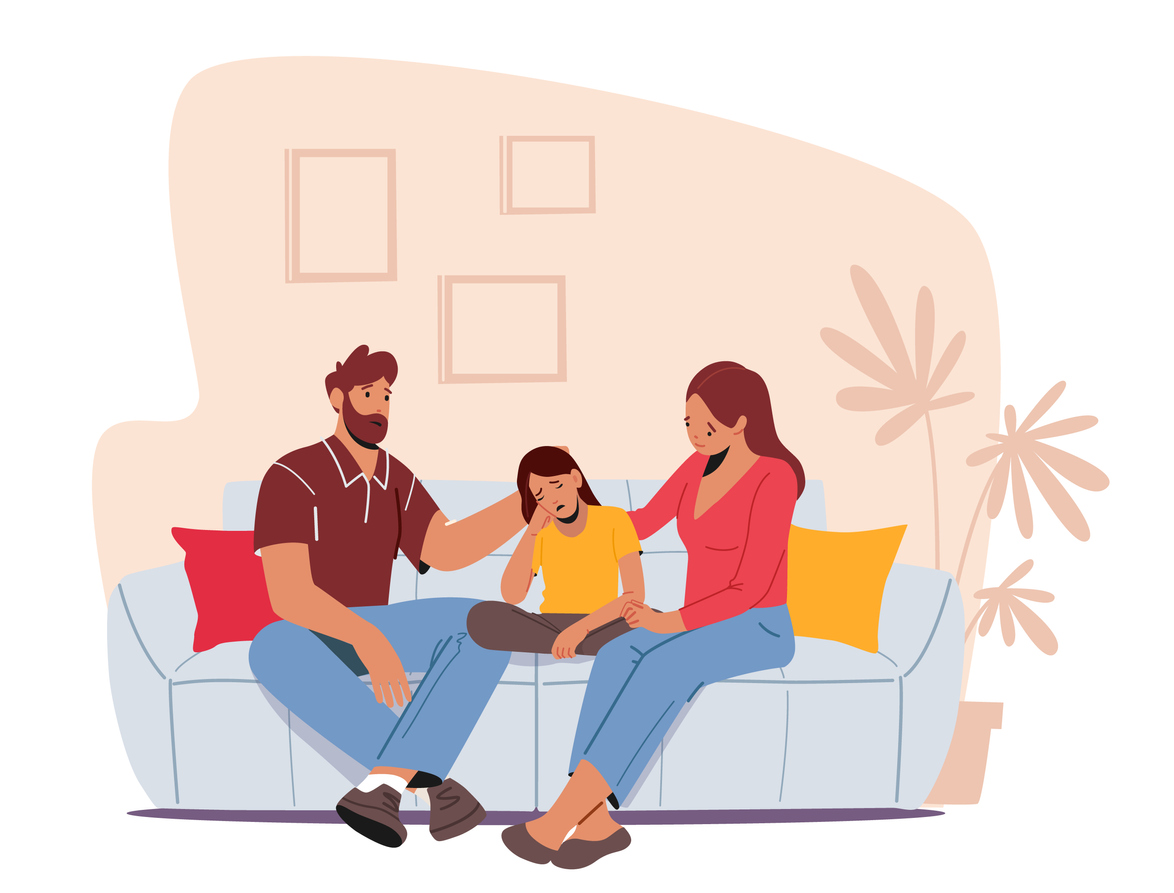 Illustration of parents on couch with troubled child