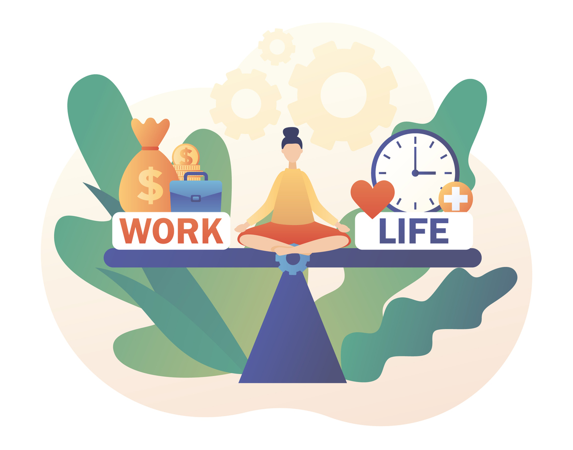 Illustration of woman on scale with work life balance