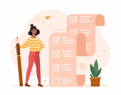 Graphic of a girl holding a big pencil looking at a big checklist