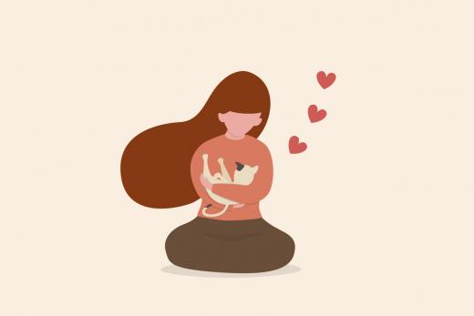 illustration of girl holding pet surrounded by floating hearts