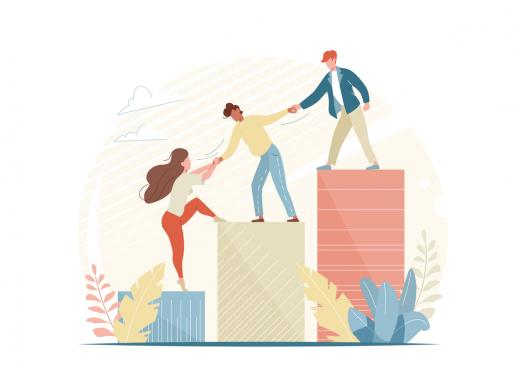Illustration of employees giving each other a hand up.