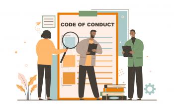 Illustration of three workers and code of conduct