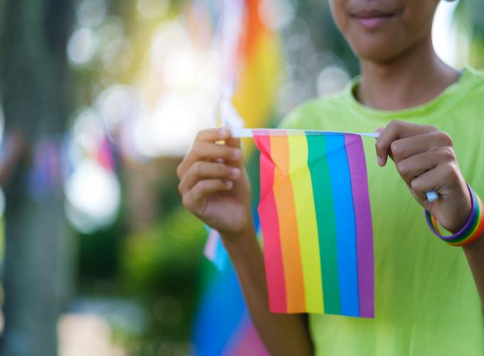 Male person holding pride flag