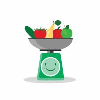 fruit being weighed on a scale with smiley face