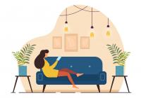 animated girl looking at phone sitting on couch