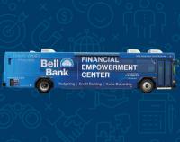 Large blue bus with Bell Bank logo and Financial Empowerment Center