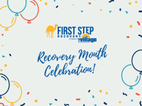 First Step Recovery Month Celebration with confetti and balloons