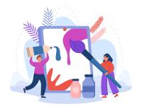 Illustration of two people painting and drawing on a canvas larger than they are